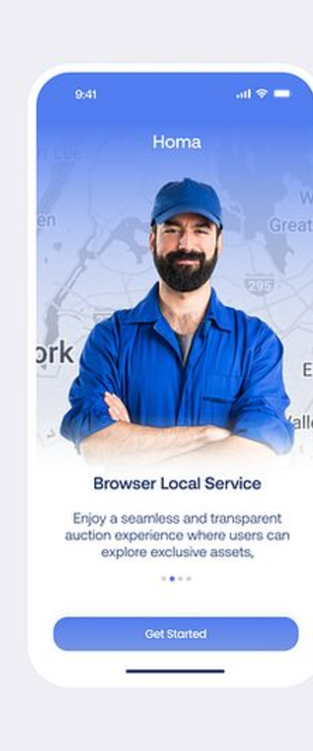 Homa splash screen with a service professional and a Get Started button