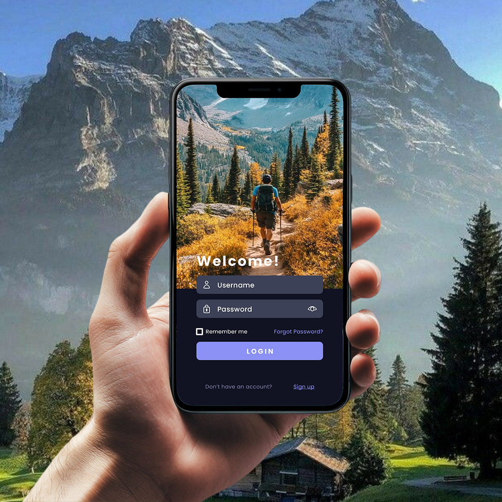 Trailhead app open on a phone held up against a mountain landscape