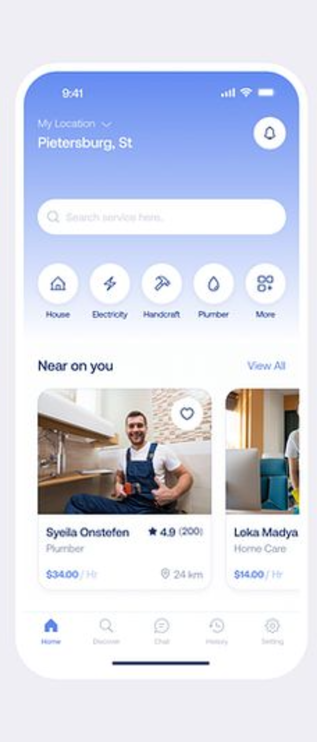 Homa home screen with a location header, a search bar, category icons and a Near on you card grid