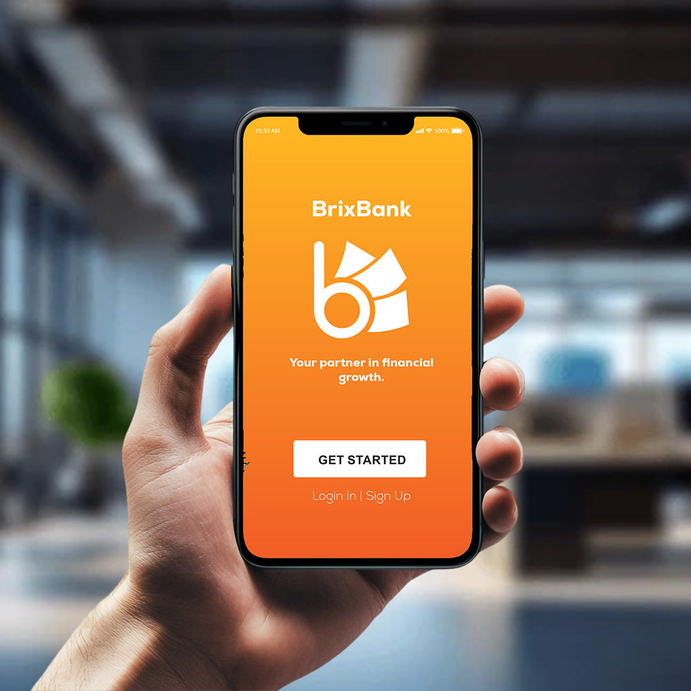 BrixBank app open on a phone held in hand