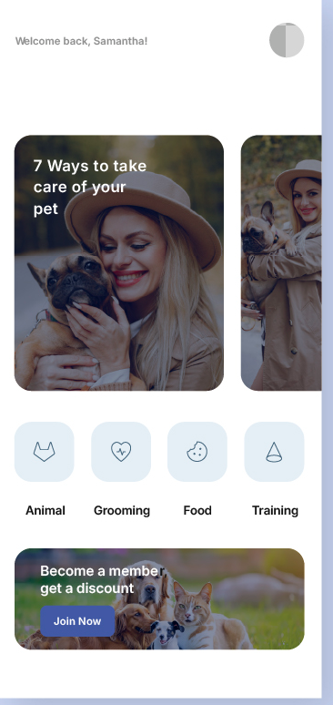 Happy Tails home feed with featured guide, category icons and membership banner