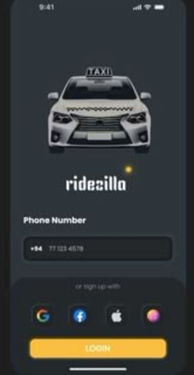 Ridezilla login screen with phone number and social sign-in options