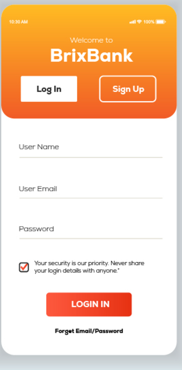 BrixBank welcome and login screen