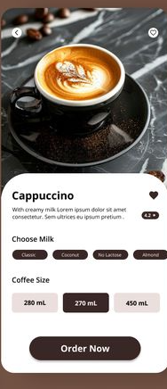Coffee Lover product detail for Cappuccino with milk and size options and an Order Now button